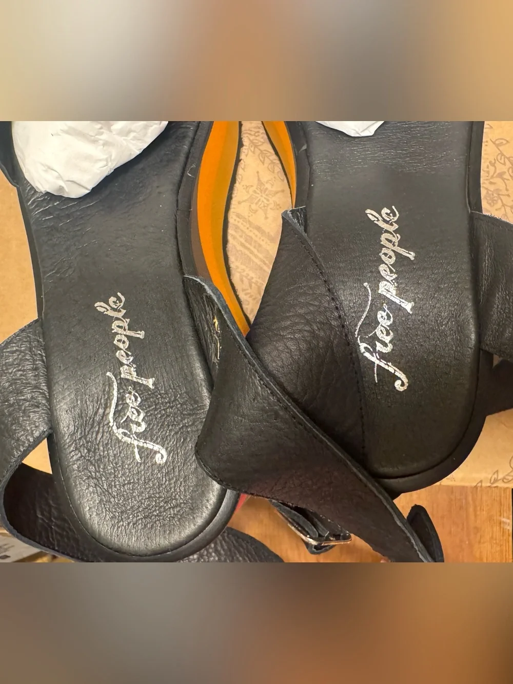 Free People Black Leather Platform Sandals with Multicolor Striped Wedge